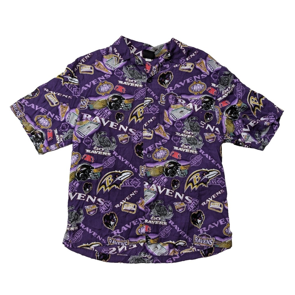 Vintage Y2K Baltimore Ravens Button Down Shirt Mens Large AOP NFL Purple